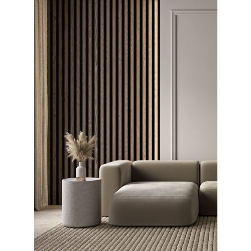 Akupanel Pro (brede latten), akoestisch wandpaneel, walnoot - zwart vilt