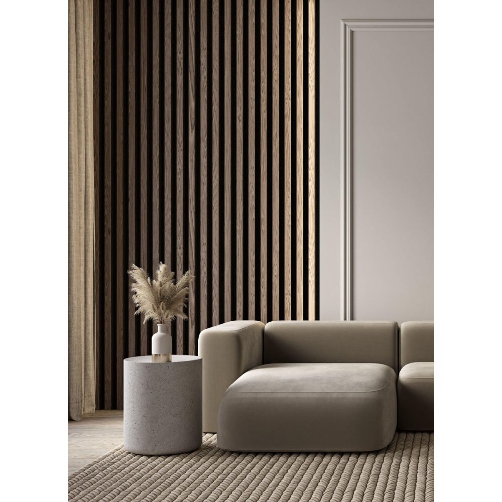 Akupanel Pro (brede latten), akoestisch wandpaneel, walnoot - zwart vilt