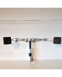 Gebruikte luxe dubbele monitorarm met bladklem, 2-delige armen, aluminium gelakt